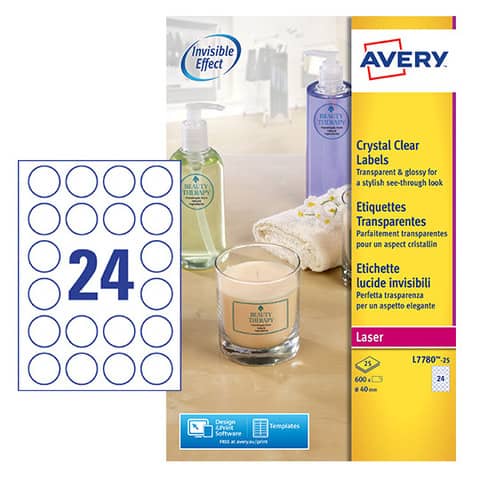 Etichette poliestere trasparenti lucide AVERY QuickPEEL™ tonde Ø 40 mm - 24 et/foglio - laser conf. 25 ff L7780-25